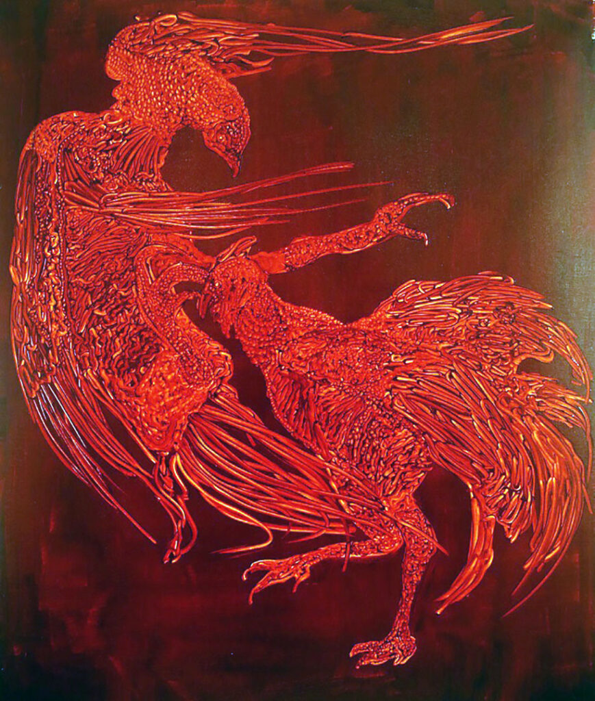 Cock fight, oil on canvas, 111x92cm