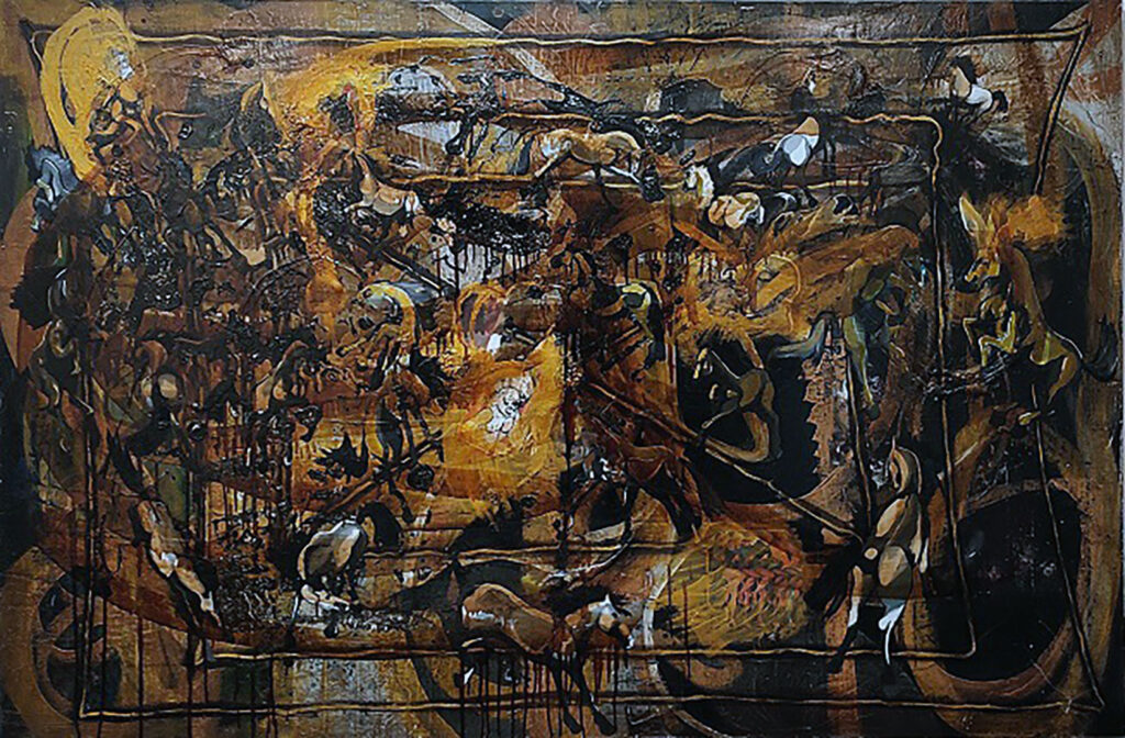 Horses, oil, lacquer, collage, on canvas, 100x150cm
